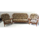 BEECH EFFECT STICK BACK SUITE comprising one three seat settee and two single seat chairs with