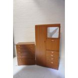 SCHRIBER TEAK EFFECT WARDROBE one side with upper open compartment above hanging compartment, the