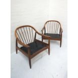 PAIR OF 1960s 'GREAVES & THOMAS' TEAK ARMCHAIRS with arched stick backs above shaped arms, with