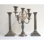 DECORATIVE FOUR BRANCH SILVER PLATED CANDELABRA together with a pair of Corinthian Column