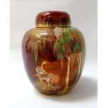 CARLTON WARE ROUGE ROYALE GINGER JAR decorated with cranes on a red lustre ground , 19cm high