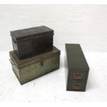 VINTAGE METAL DEED BOX with lift up lid and removable fitted interior, marked MDM; a vintage painted