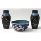 SMALL PAIR OF CLOISONNE VASES decorated with birds, butterflies and floral images, 12cm high, and