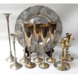 MIXED LOT OF METALWARE including a circular aluminium plate with a decorative border, three