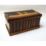 CONTINENTAL INLAID CHESTNUT JEWELLERY CASKET of puzzle opening form, with dancing figure