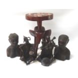 AFRICAN INTREST two rustic design metal musicians, pair of carved hardwood busts of women and a