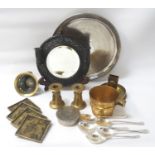 MIXED LOT OF COLLECTABLES including a squat pair of brass candlesticks, brass trench art match box