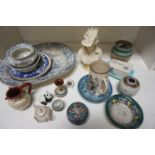 SELECTION OF DECORATIVE CERAMICS including a large blue and white meat plate, a Beswick Panda, a