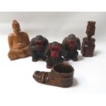 THE THREE WISE MONKEYS See no evil, Speak no evil and Hear no evil in carved and painted wood, a