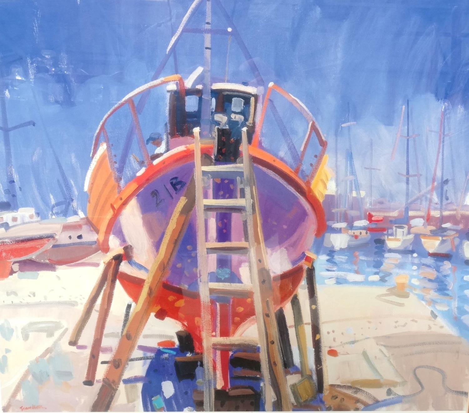 INDISTINCTLY SIGNED Boat on stilts, Mossel Bay, print, 42cm x 47cm