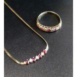 RUBY AND DIAMOND NINE STONE RING on nine carat gold shank, ring size N; together with a ruby and