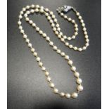 GRADUATED CULTURED PEARL NECKLACE with individually knotted pearls and diamond set silver clasp