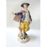 CHELSEA PORCELAIN FIGURE OF A MINSTREL in colourful attire with mandolin at his waist, leaning
