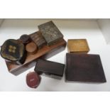 SELECTION OF VINTAGE BOXES including a leather fleur-de-lis embossed jewellery box; a shaped stud