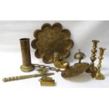 SELECTION OF DECORATIVE AND OTHER BRASSWARE including two skimming spoons, a table bell, a