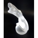 LALIQUE FROSTED GLASS FIGURINE of a nude maiden kneeling and leaning back with flowing hair,