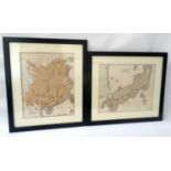 TWO FRAMED MAPS - CHINA AND JAPAN probably removed from an album, China 34cm x 27cm and Japan 28cm x