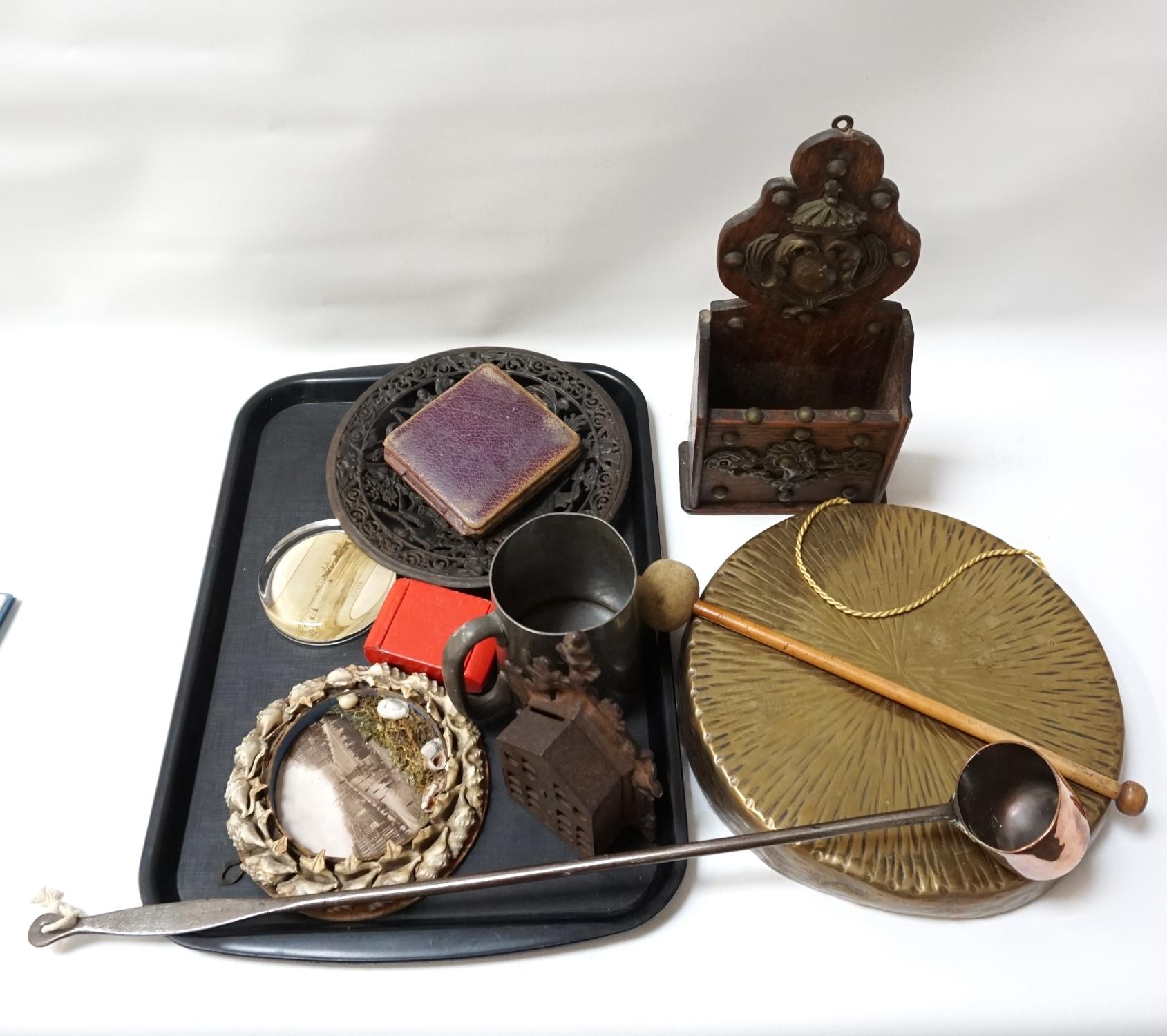 LOT OF VINTAGE COLLECTABLES including a 'Girvan' glass paperweight, shellwork frame photographic