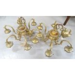 PAIR OF GILT BRASS AND STEEL CEILING LIGHTS each with six scroll arms around a shaped body with