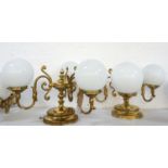 PAIR OF GILT BRASS CEILING LIGHTS each with three scroll arms and opaque circular glass shades