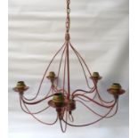 RED PAINTED STEEL CHANDELIER with five shaped arms and a suspension chain, 160cm high