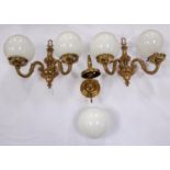 PAIR OF GILT BRASS AND STEEL WALL LIGHTS each with a tapering and shaped back plate with a pair of