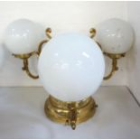GILT BRASS CEILING LIGHT with three scroll arms and opaque circular glass shades