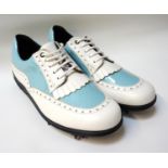 PAIR OF BRAND NEW LADIES BALLY GOLF SHOES in two tone white leather and pale blue vinyl, UK size 6.