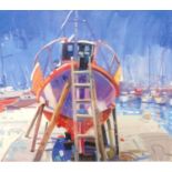 INDISTINCTLY SIGNED Boat on stilts, Mossel Bay, print, 42cm x 47cm