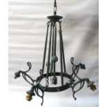 VERDIGRIS EFFECT CHANDELIER with five shaped arms on a circular band with a central pendant arm,