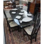 OCTAGONAL TOP MARBLE DINING TABLE raised on a shaped base support, 200cm long x 99.5cm wide, with