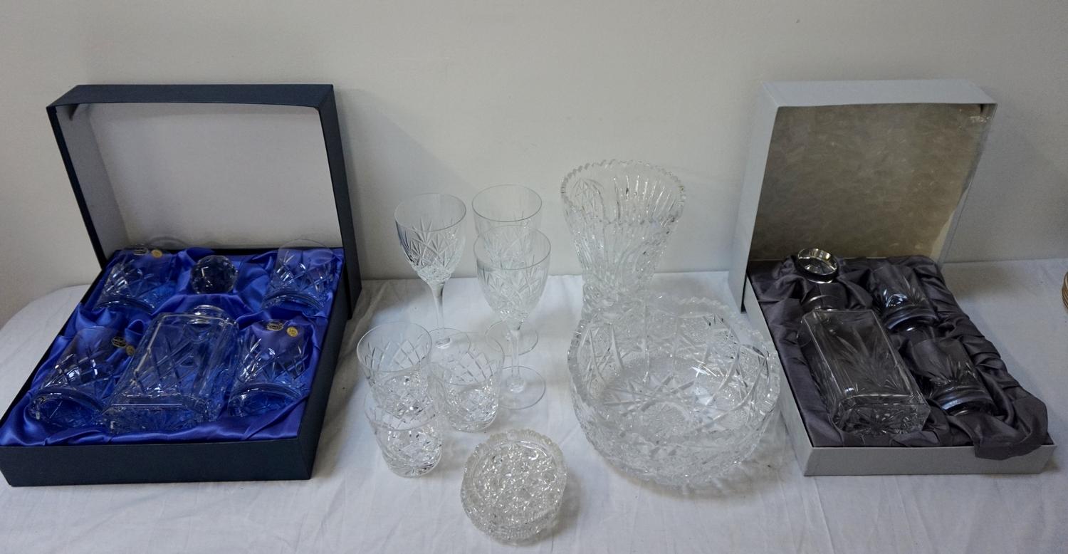 SELECTION OF CRYSTAL GLASSWARE including a boxed decanter set by Bohemia, a boxed decanter and