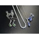 SMALL SELECTION OF SILVER AND GEM SET JEWELLERY comprising a pair of tanzanite and diamond drop