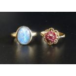 TWO GEM SET NINE CARAT GOLD RINGS one a garnet cluster example and the other with opal triplet, ring