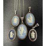 FIVE WEDGWOOD PENDANTS all in silver and with classical figure decoration, two with chains