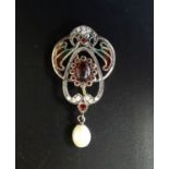 ATTRACTIVE DIAMOND, GARNET AND PEARL HOLBEIN STYLE PENDANT with pierced decoration and colourful