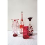 SELECTION OF CRANBERRY GLASSWARE including a baluster shaped vase with floral decoration, 25.5cm