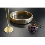 SELECTION OF GOLD AND GOLD PLATED JEWELLERY comprising a nine carat gold Masonic dress ring, the