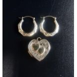 SMALL SELECTION OF NINE CARAT GOLD JEWELLERY comprising a pair hoop earrings and a heart shaped