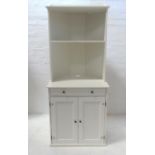 SHAPED WORKSTATION DESK in white with a shaped upper section having a three quarter gallery above an