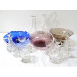 MIXED LOT OF GLASSWARE including thistle shaped wines with etched decoration, port glasses, glass