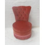 PINK VELOUR BEDROOM CHAIR with button back above a circular seat with fringe detail