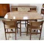 1950'S DINING ROOM SUITE comprising a drop flap gate leg table covered in faux wood melamine, 83cm
