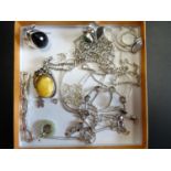 SELECTION OF SILVER JEWELLERY including stone set rings.various bracelets, Chinese jade pendant with
