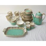 AYNSLEY PART COFFEE SERVICE the duck egg green ground with a floral border and gilt highlights,