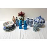 SELECTION OF CHINESE CERAMICS including a large cylindrical jar ans cover, with ring handles and