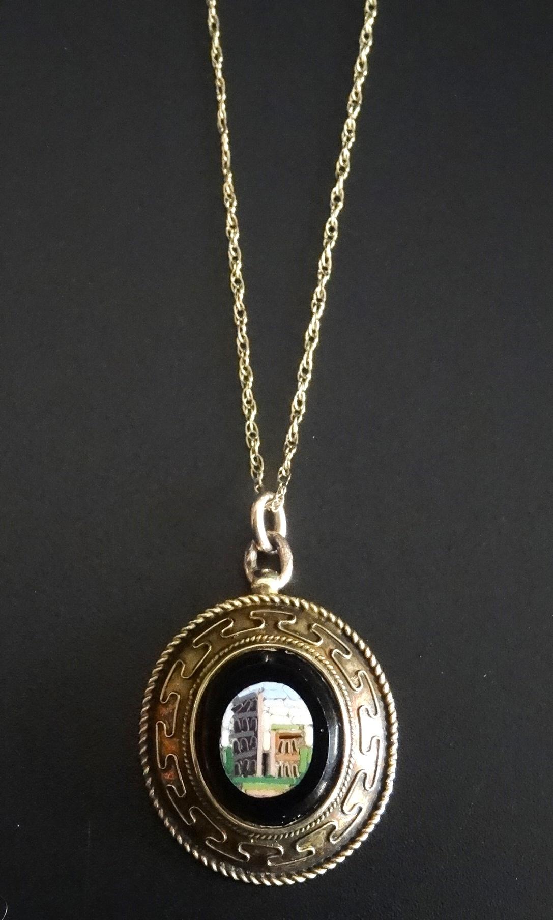 VICTORIAN MICRO MOSAIC PENDANT in unmarked gold mount and on nine carat gold chain