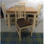 LIGHT OAK EXTENDING KITCHEN TABLE standing on plain supports, together with four dining chairs