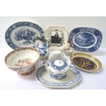 MIXED LOT OF CERAMICS including a pottery oval meat plate marked Ivanhoe, transfer decorated with