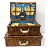 BREXTON WICKER PICNIC HAMPER fitted with plates, cups and saucers, thermos flask, cutlery and food